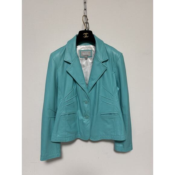 Wilsons Leather Maxima Jacket Womens XL Aqua Blue Fitted Blazer Genuine Leather - Picture 2 of 8